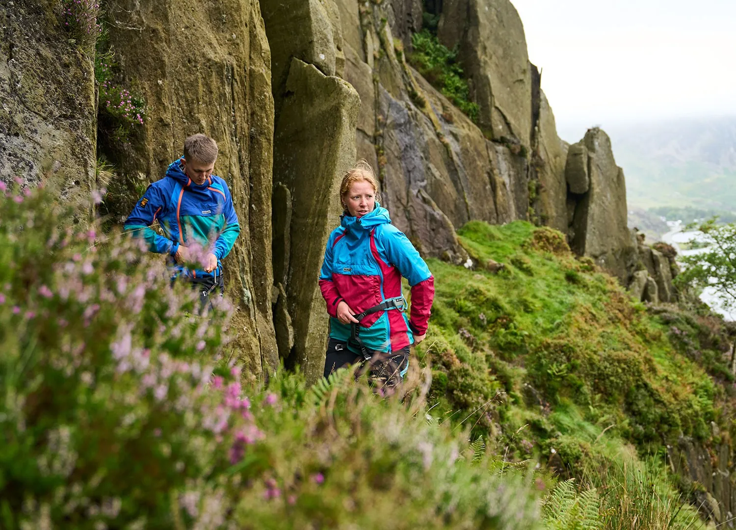 Two climbers among heather and rock